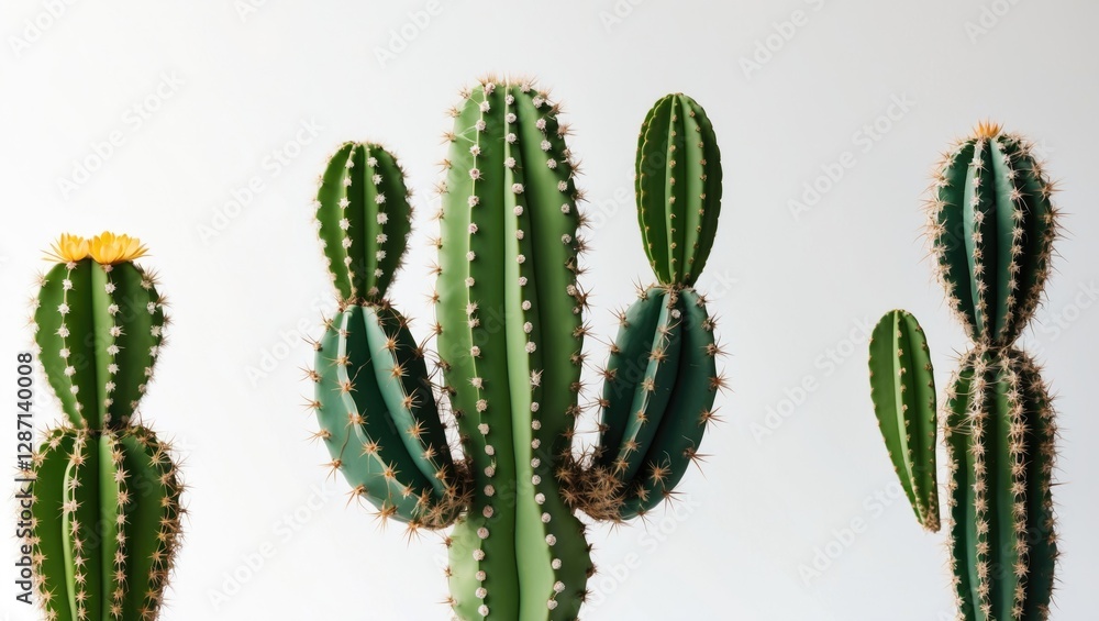 Poster Three distinct cacti in modern arrangement showcasing unique shapes and textures against a clean white background.