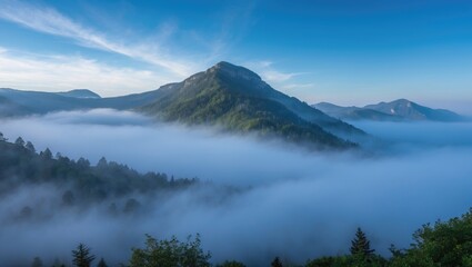 Fototapeta premium Misty Mountain Landscape Under Clear Blue Sky Capturing Serene Natural Beauty and Tranquility in an Idyllic Rural Setting