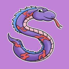 Letter S Shaped as a Cute Cartoon Snake in Purple and Red