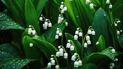Obraz premium Lush lily of the valley blossoms glistening with raindrops amidst vibrant green leaves in a serene spring landscape.