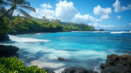 Fototapeta premium A serene coastal scene featuring turquoise waters, lush greenery, palm trees, and bright blue skies, capturing the beauty of a tropical paradise.