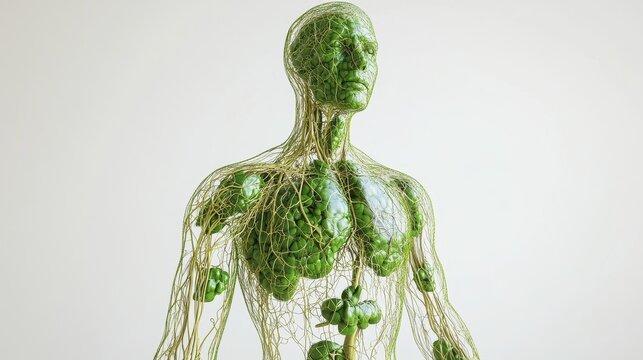 Comprehensive 3D illustration of human lymphatic system, isolated on white background. 