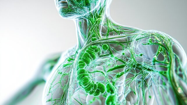 Comprehensive 3D illustration of human lymphatic system, isolated on white background. 