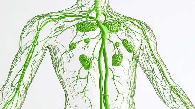 Comprehensive 3D illustration of human lymphatic system, isolated on white background. 