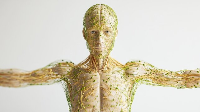 Comprehensive 3D illustration of human lymphatic system, isolated on white background. 