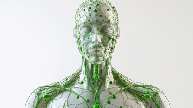 Comprehensive 3D illustration of human lymphatic system, isolated on white background. 