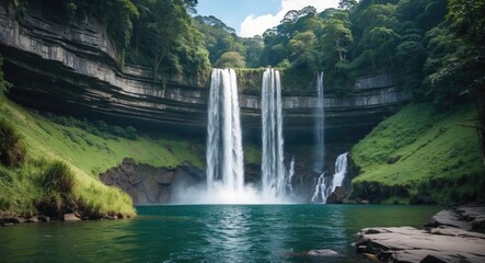 Obraz premium Majestic Krathing Waterfall Surrounded by Lush Greenery in National Park with Multiple Cascades and Crystal Clear Waters.