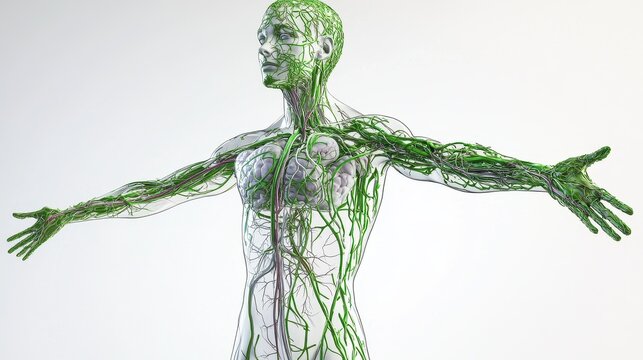 Comprehensive 3D illustration of human lymphatic system, isolated on white background. 