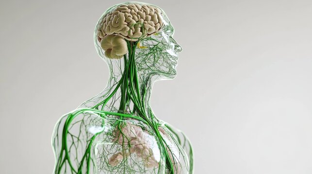 Comprehensive 3D illustration of human lymphatic system, isolated on white background. 