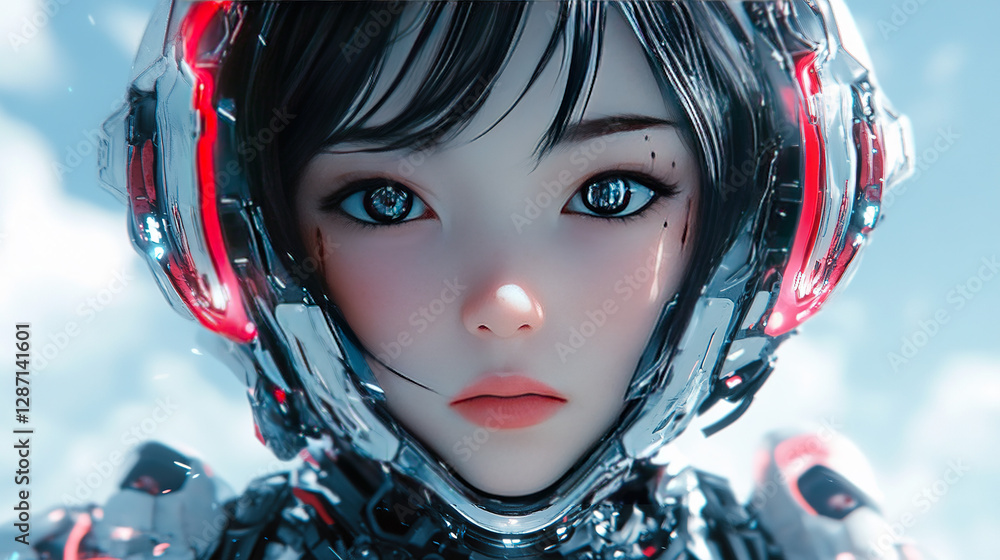 Poster futuristic robot character sci-fi world digital art high-tech environment close-up view ai conceptua