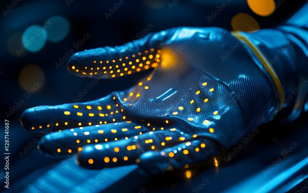 Poster a close-up of a futuristic glove embedded with glowing sensors, representing advanced technology and