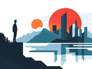 Obraz premium A captivating landscape featuring a silhouette of a person gazing at a vibrant sunset over mountains and reflective waters, showcasing the beauty of nature and urban life.