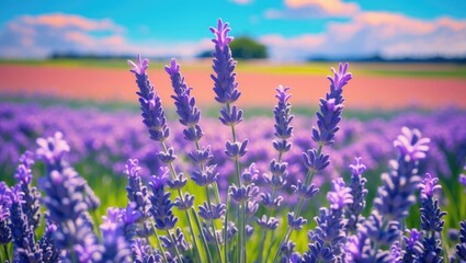 Beautiful Lavender Blossoms in a Colorful Field Under a Clear Blue Sky with Soft Clouds