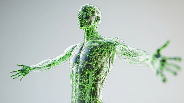 Comprehensive 3D illustration of human lymphatic system, isolated on white background. 