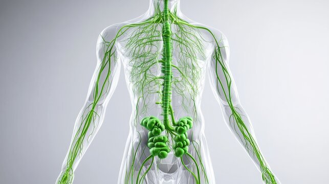 Comprehensive 3D illustration of human lymphatic system, isolated on white background. 