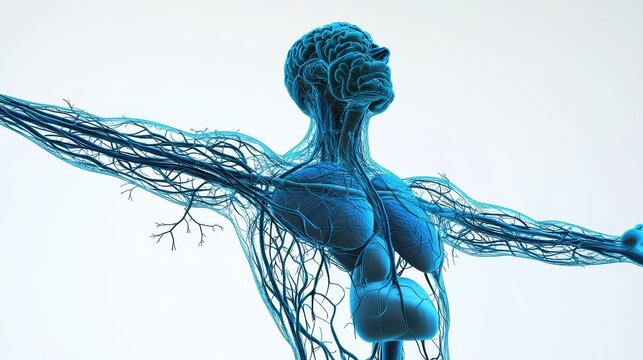 Comprehensive 3D illustration of human lymphatic system, isolated on white background. 