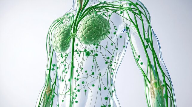 Comprehensive 3D illustration of human lymphatic system, isolated on white background. 