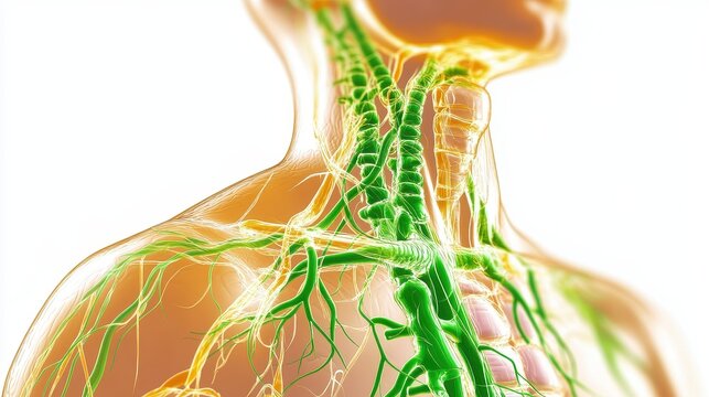 Comprehensive 3D illustration of human lymphatic system, isolated on white background. 