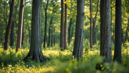 Obraz premium Tranquil summer forest scene featuring tall tree trunks surrounded by lush greenery in Latvia's natural environment.