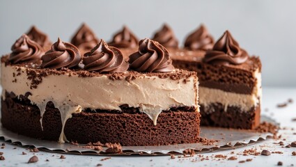 Indonesian marble chocolate cake with creamy filling and decorative frosting on a white background, showcasing a delicious traditional dessert.