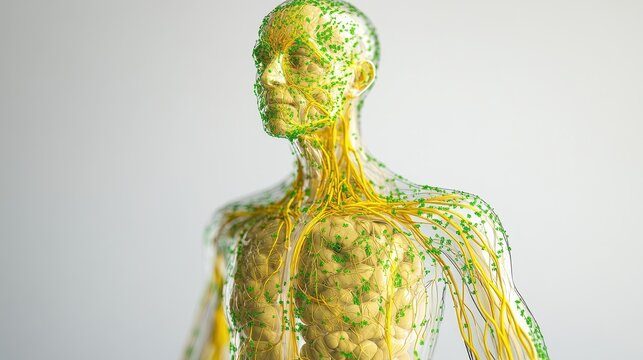 Comprehensive 3D illustration of human lymphatic system, isolated on white background. 