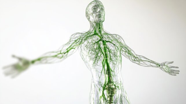 Comprehensive 3D illustration of human lymphatic system, isolated on white background. 