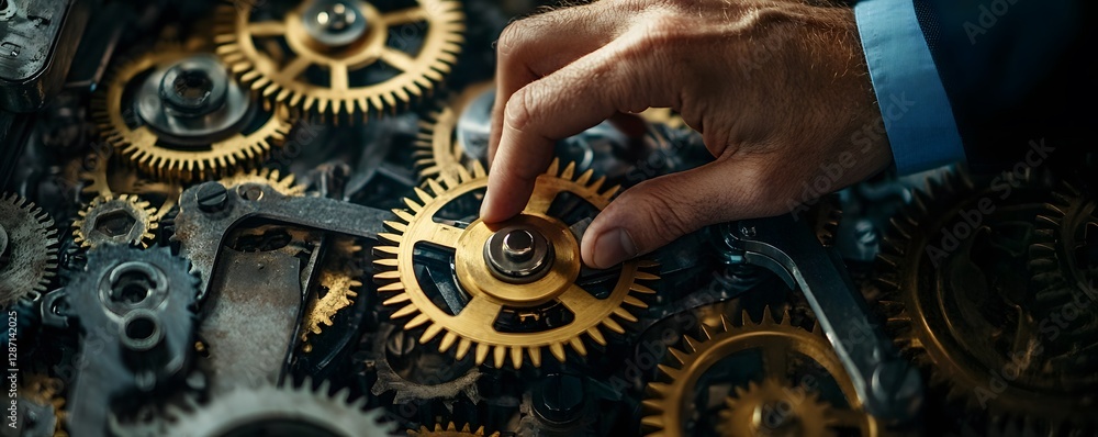 Poster a close-up view of a hand adjusting intricate gears and mechanics, showcasing the precision and comp