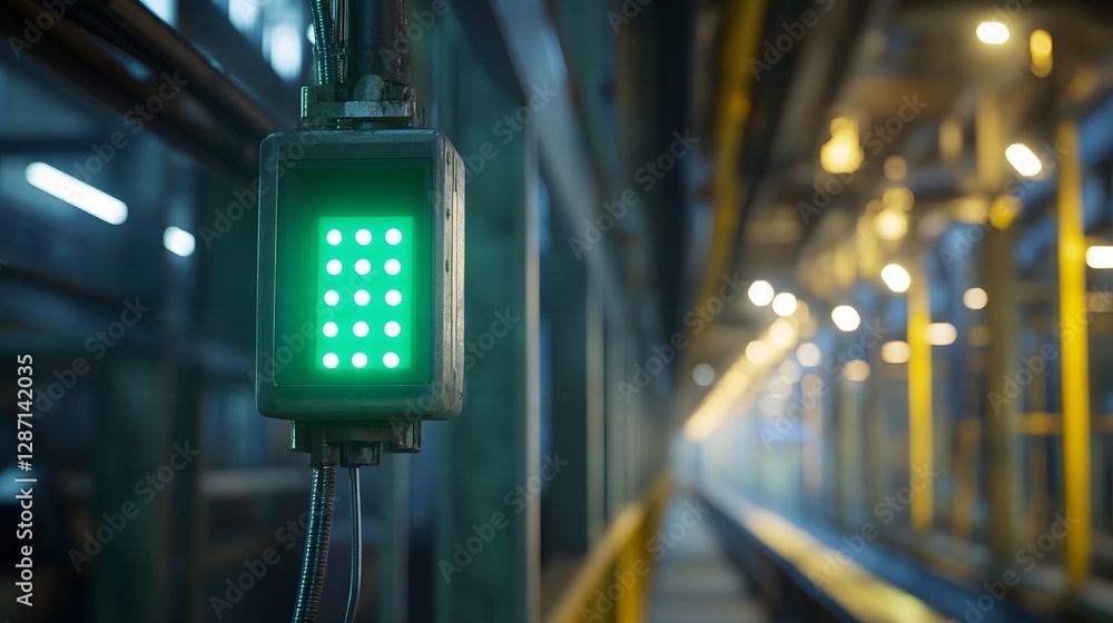 Poster a close-up view of a green industrial light signal in a factory setting, emphasizing the advanced te