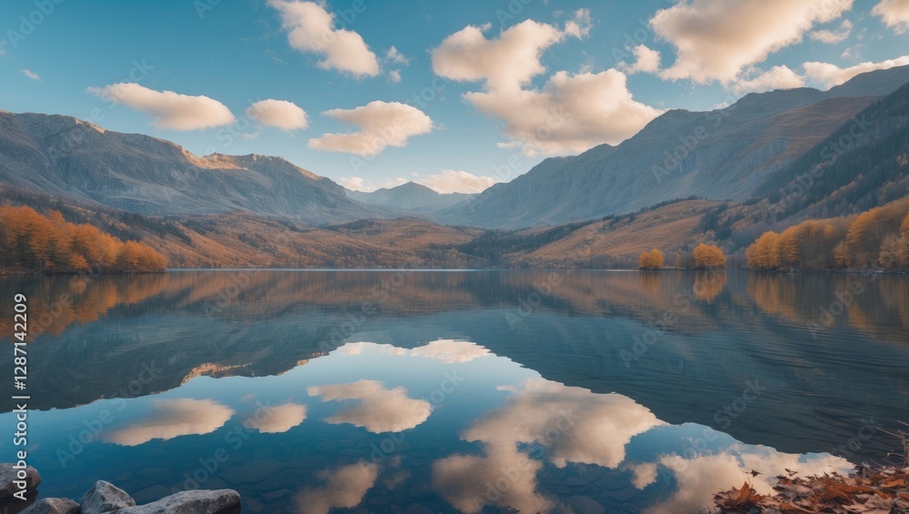 Poster serene mountain lake in autumn with calm reflections of blue sky and clouds in tranquil waters ready