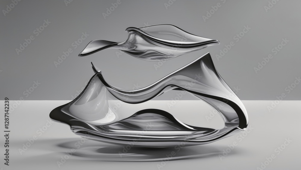 Poster fluid metallic sculpture with dynamic curves and reflections showcasing modern art and design innova