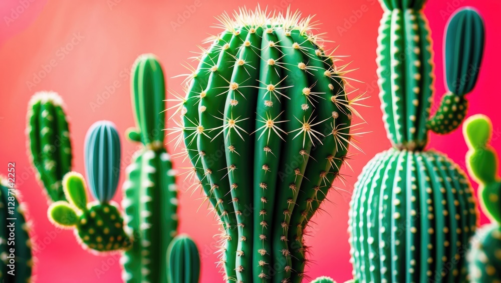 Wall mural Vibrant Macro Photograph of Unique Green Cactus Varieties Against a Colorful Background