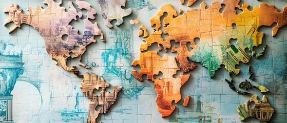A colorful world map made of puzzle pieces, symbolizing diversity and connection. It showcases the beauty of global unity and the richness of cultures across continents.