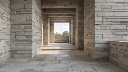 Modern masonry walls in a spacious corridor showcasing stone texture and natural light filtering through open windows.