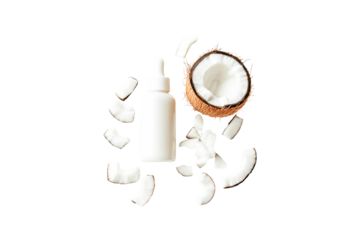 Coconut oil bottle and pieces of coconut on black background