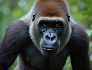 Fototapeta premium Close encounter with a gorilla in the lush rainforest, showcasing its striking features and intense gaze during a serene moment in the wild