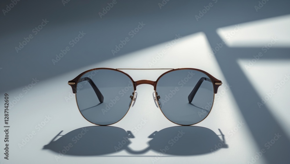 Poster stylish round sunglasses casting shadows on minimalist background with copy space for text in contem