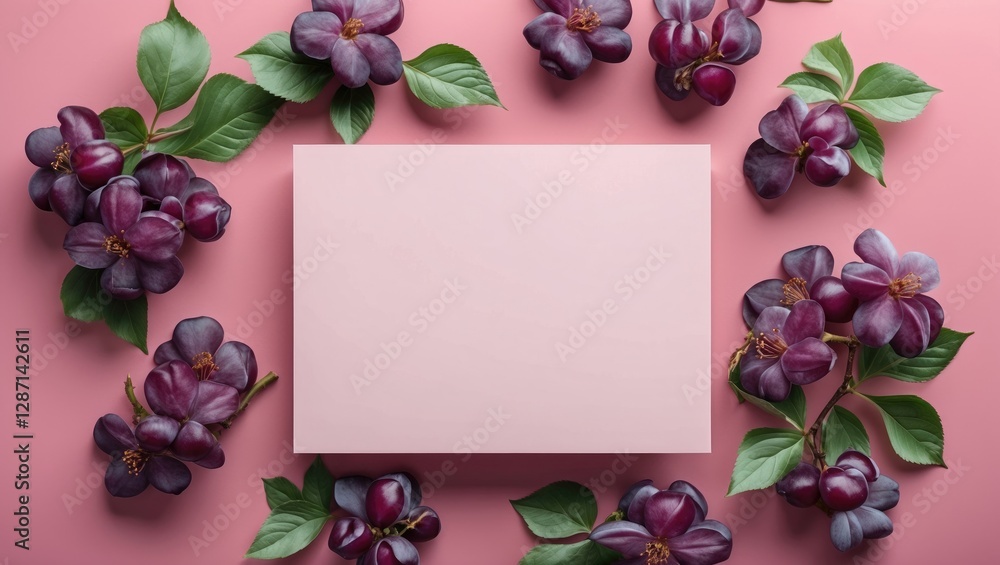 Aufkleber mockup of a blank rectangular card surrounded by fresh plum flowers on a soft pink background, creat