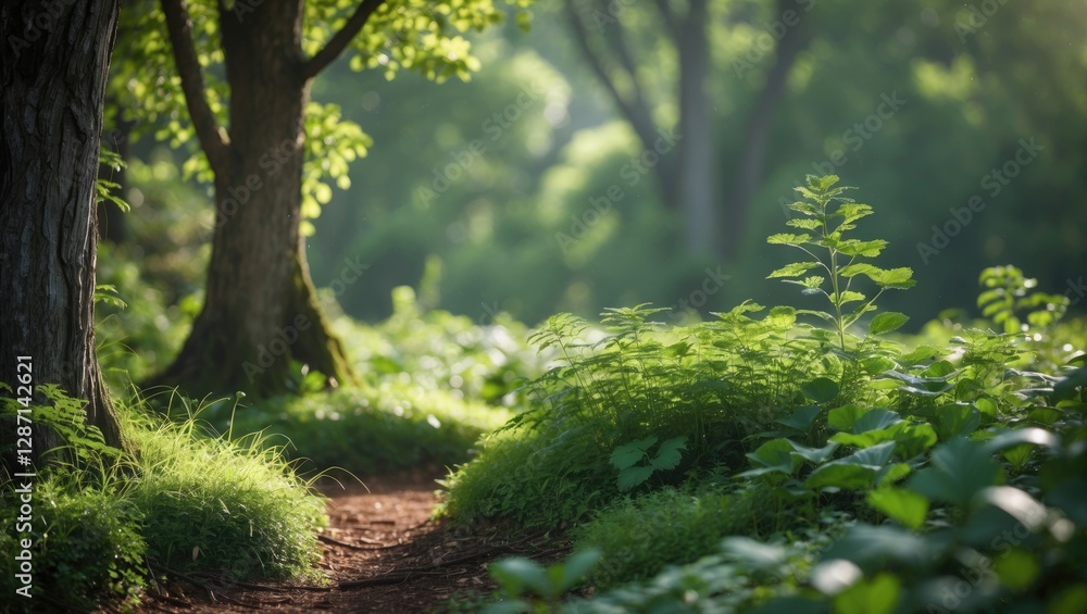 Poster lush green forest path with vibrant foliage and sunlight filtering through trees creating a serene a