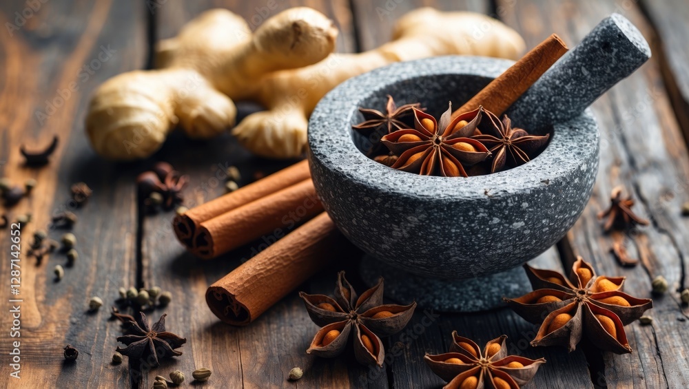 Poster spices in mortar with ginger and cinnamon on rustic wooden table background