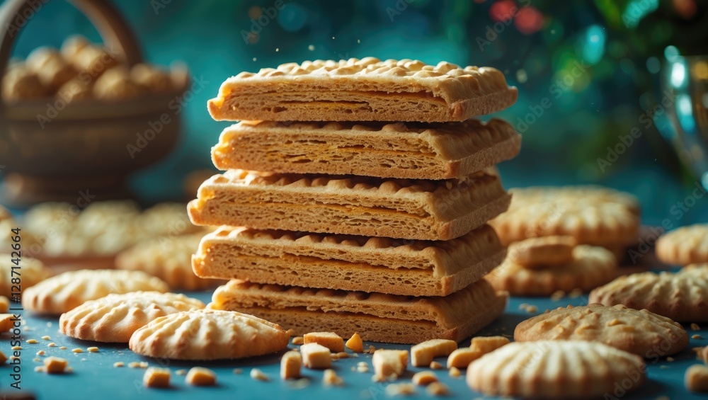 Poster crunchy mini biscuits stacked with assorted cookies on a rustic table creating a delicious and invit