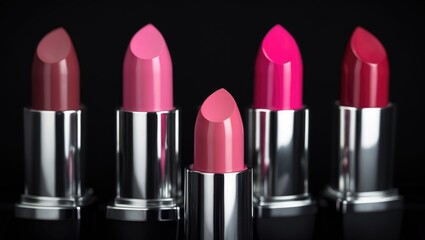 Obraz premium Elegant collection of matte pink lipsticks displayed on a sleek black background showcasing vibrant hues and glossy tubes for beauty marketing.