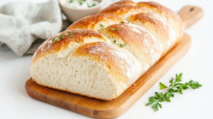 Freshly baked artisan bread on wooden board with herbs