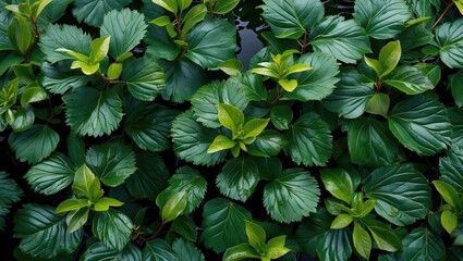 Naklejka premium Leaf texture and vibrant green pattern of water jasmine plant showcasing lush foliage in a serene natural setting.