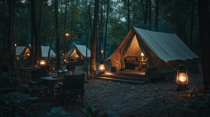 Illuminated Canvas Tents Nestled In A Dark Forest
