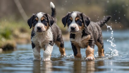 Adorable Landseer Dog Puppies Playfully Exploring Water Environment with Copy Space for Text in a Lush Natural Setting