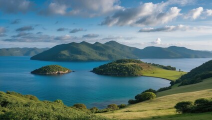 Tranquil Seascape with Small Islands and Lush Green Hills Under Clear Blue Skies