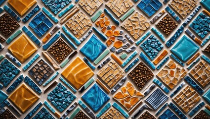 Colorful mosaic tile texture pattern in turquoise and gold for interior design and aesthetic backgrounds
