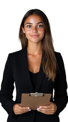 Young woman in black suit holding clipboard, serious expression on transparent background