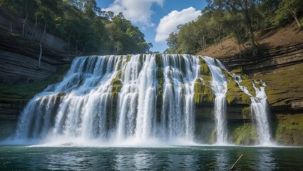 Fototapeta premium Majestic man-made waterfall cascading over rocky cliffs into tranquil water below surrounded by lush greenery and blue sky.