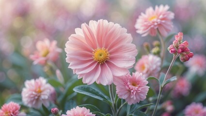 Obraz premium Delicate pink flowers in a serene garden setting with soft focus background and ample space for text placement. Perfect for floral designs.